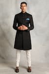 Buy_Gargee Designers_Black Cotton Silk, Poly Viscose Mandarin Collar Sherwani Set _at_Aza_Fashions