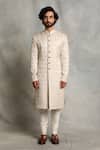 Shop_Gargee Designers_White Cotton Silk, Viscose Jacquard Floral Textured Sherwani Set _at_Aza_Fashions