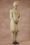 Buy_Gargee Designers_Green Cotton Silk Floral Embroidered Sherwani Set _at_Aza_Fashions