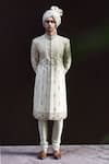Buy_Gargee Designers_Green Cotton Silk Floral Embroidered Sherwani Set _Online_at_Aza_Fashions