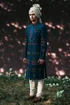 Buy_Gargee Designers_Blue Raw , Cotton Floral Embroidered Sherwani Set _at_Aza_Fashions