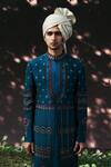 Gargee Designers_Blue Raw , Cotton Floral Embroidered Sherwani Set _Online_at_Aza_Fashions