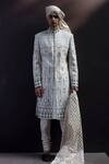Buy_Gargee Designers_White Cotton Silk Floral, Geometric Embroidered Sherwani Set _at_Aza_Fashions