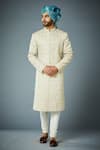 Buy_Gargee Designers_Ivory Sherwani Poly Viscose Embroidered Jaal Thread Work Set _at_Aza_Fashions