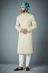 Buy_Gargee Designers_Ivory Sherwani Poly Viscose Embroidered Jaal Thread Work Set _Online_at_Aza_Fashions