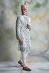 Gargee Designers_Blue Cotton , Slub Floral Embroidered Sherwani Set _Online_at_Aza_Fashions