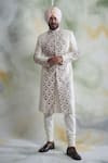 Buy_Gargee Designers_White Raw , Cotton Floral Embroidered Sherwani Set _at_Aza_Fashions