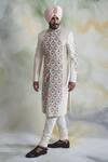 Gargee Designers_White Raw , Cotton Floral Embroidered Sherwani Set _Online_at_Aza_Fashions