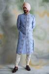 Buy_Gargee Designers_Blue Raw , Cotton Floral Embroidered Sherwani Set _at_Aza_Fashions