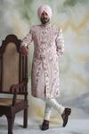 Buy_Gargee Designers_Pink Raw Silk Floral Embroidered Sherwani Set_at_Aza_Fashions