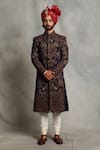 Buy_Gargee Designers_Blue Velvet, Cotton Bird, Floral Embroidered Sherwani Set _at_Aza_Fashions