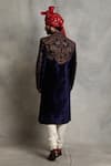 Shop_Gargee Designers_Blue Velvet, Cotton Bird, Floral Embroidered Sherwani Set _at_Aza_Fashions