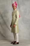 Gargee Designers_Green Raw , Cotton Floral Embroidered Sherwani Set _Online_at_Aza_Fashions