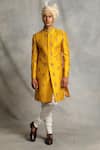Buy_Gargee Designers_Yellow Raw , Cotton Floral Embroidered Sherwani Set _at_Aza_Fashions