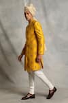 Gargee Designers_Yellow Raw , Cotton Floral Embroidered Sherwani Set _Online_at_Aza_Fashions