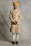 Buy_Gargee Designers_Beige Raw Silk Embroidered Floral Sherwani Set _at_Aza_Fashions