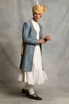 Gargee Designers_Blue Raw , Cotton Floral Embroidered Sherwani And Angrakha Kurta Set _Online_at_Aza_Fashions