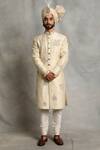 Buy_Gargee Designers_White Raw , Cotton Floral Embroidered Sherwani Set _at_Aza_Fashions