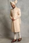 Gargee Designers_Peach Cotton Silk, Poly Viscose Floral, Paisley Embroidered Sherwani Set _Online_at_Aza_Fashions