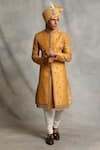 Buy_Gargee Designers_Yellow Raw , Cotton Floral Embroidered Sherwani Set _at_Aza_Fashions
