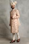Buy_Gargee Designers_Peach Raw , Cotton Floral Embroidered Sherwani Set _Online_at_Aza_Fashions