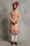 Buy_Gargee Designers_Peach Raw , Cotton Floral Embroidered Sherwani Set _at_Aza_Fashions