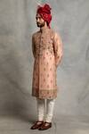 Buy_Gargee Designers_Peach Raw , Cotton Floral Embroidered Sherwani Set _Online_at_Aza_Fashions