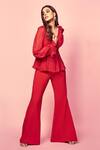 Buy_ZWAAN_Red Silk Chiffon V Neck Draped Top And Pant Set  _at_Aza_Fashions