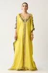 Buy Itrh Yellow Silk Chanderi Bandhani Plunge V Neck Babita Kaftan And Pant Set at Aza Fashions Buy_Itrh_Yellow Silk Chanderi Bandhani Plunge V Neck Babita Kaftan And Pant Set_at_Aza_Fashions