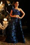 Tasuvure Indes_Blue Pleated Polyester One Shoulder Blouse And Printed Lehenga Set _Online_at_Aza_Fashions