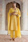 Buy_Gulabo Jaipur_Yellow Ultra Muslin Floral, Gota, Taari V Neck Sweta Embroidered Kurta Pant Set _at_Aza_Fashions
