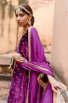 Shop_Gulabo Jaipur_Purple Organza, Velvet Floral V Neck Embroidered Kurta Pant Set _at_Aza_Fashions