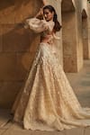 Shop_Pankaj & Nidhi_Beige Blouse Tulle Embroidery Round Hand Embellished Lehenga Set  _at_Aza_Fashions