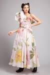 Buy_Gauri & Nainika_Pink Organza Asymmetric Floral Print One Shoulder Dress _at_Aza_Fashions