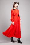 Gauri & Nainika_Red Crepe Bateau Pleated Flared Midi Dress _Online_at_Aza_Fashions