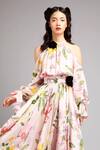 Shop_Gauri & Nainika_Pink Chiffon Halter Cold Shoulder Floral Print Dress _Online_at_Aza_Fashions