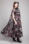 Gauri & Nainika_Black Chiffon Round Floral Print Cape Dress _Online_at_Aza_Fashions