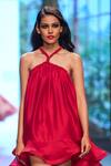 Gauri & Nainika_Red Viskolyk Asymmetric Ruffle Hem Dress_at_Aza_Fashions