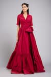 Buy_Gauri & Nainika_Maroon Taffeta Spread Collar Flounce Hem Wrap Gown _at_Aza_Fashions