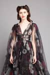 Buy_Gauri & Nainika_Black Net V Neck Floral Print Cape Gown  _Online_at_Aza_Fashions