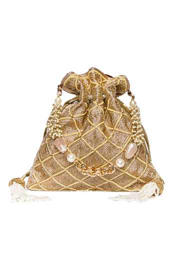 Shop_The Pink Potli_Gold Embroidery Metallic Maze Potli _at_Aza_Fashions