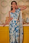 Shop_House Of Hiya_Blue Modal Satin Floral Print Saree  _at_Aza_Fashions