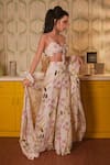 House of Hiya_White Crop Top And Palazzo Crepe Embroidery Printed Cape & Set  _Online_at_Aza_Fashions