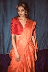 Buy_Label Earthen_Orange Handwoven Banarasi Silk V Neck Saree With Blouse  _at_Aza_Fashions