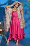 Buy_Garo_Pink Chanderi Printed Floral Cape Open And Anarkali Set  _at_Aza_Fashions