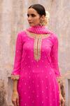 Apeksha Jain Label_Pink Georgette Hand Embroidered Gota Work Round Notched Floral Kurta Set _Online_at_Aza_Fashions