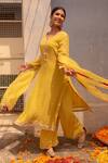 Apeksha Jain Label_Yellow Georgette Hand Embroidered Gota Work Round Notched Floral Kurta Set _Online_at_Aza_Fashions
