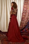 Shop_Nikita Mhaisalkar_Maroon Tussar , Crepe Embroidered Jacket Lehenga Set_at_Aza_Fashions