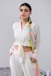 Buy_Kacha Tanka_Ivory Cotton Voile Embroidery Thread Front Knotted Crop Top And Dhoti Pant Set _Online_at_Aza_Fashions