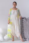 Kacha Tanka_Ivory Cotton Voile Embroidery Thread Spiral Jumpsuit With Tie And Dye Cape _Online_at_Aza_Fashions